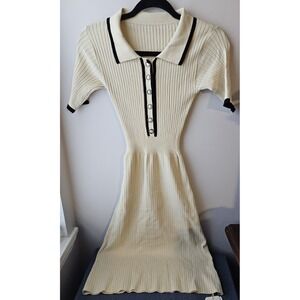 Commense Women's XS Ribbed Knit Polo Dress Cream Black‎ Trim Button Front New